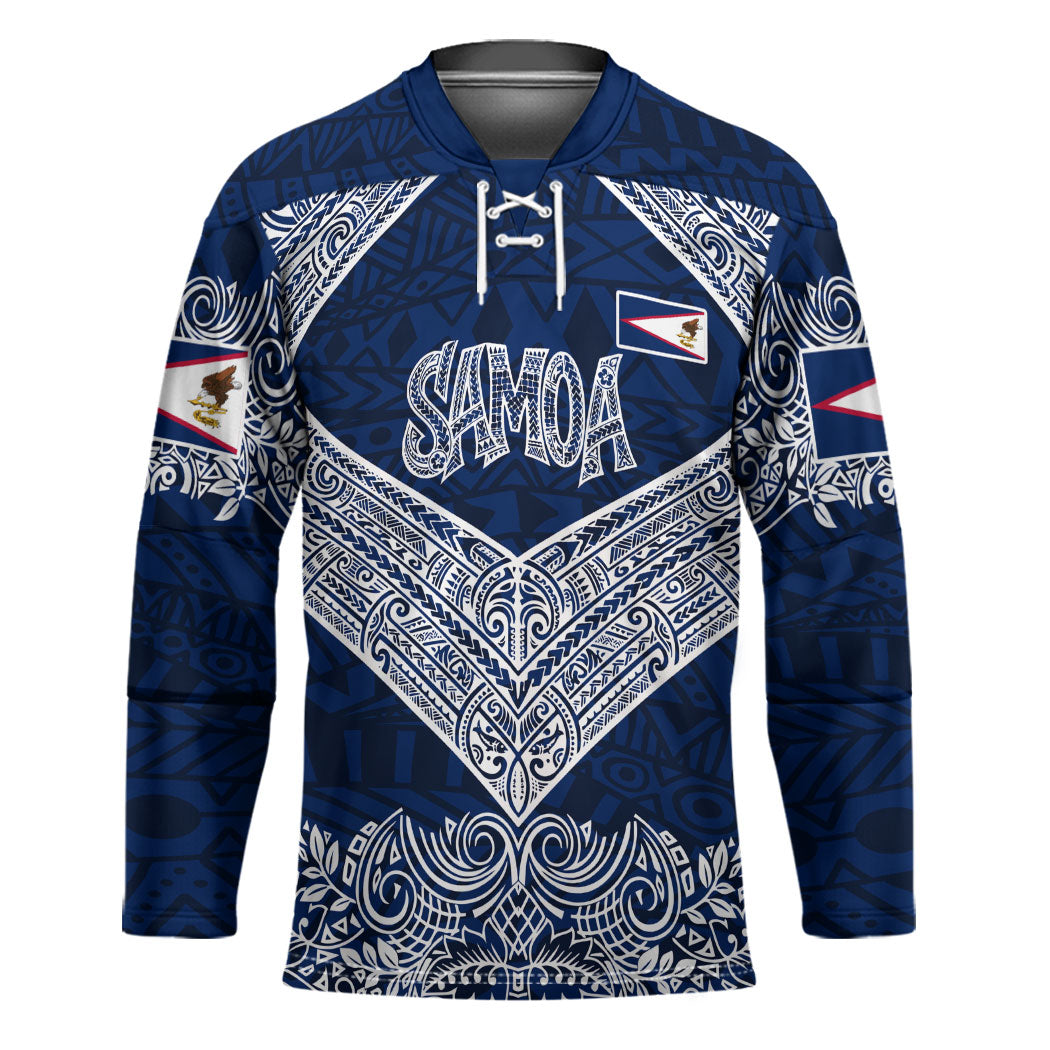 American Samoa Eagle Hockey Jersey Sea Turtle Traditional Polynesian Tribal Tattoo TS04 Unisex Blue White - Polynesian Pride