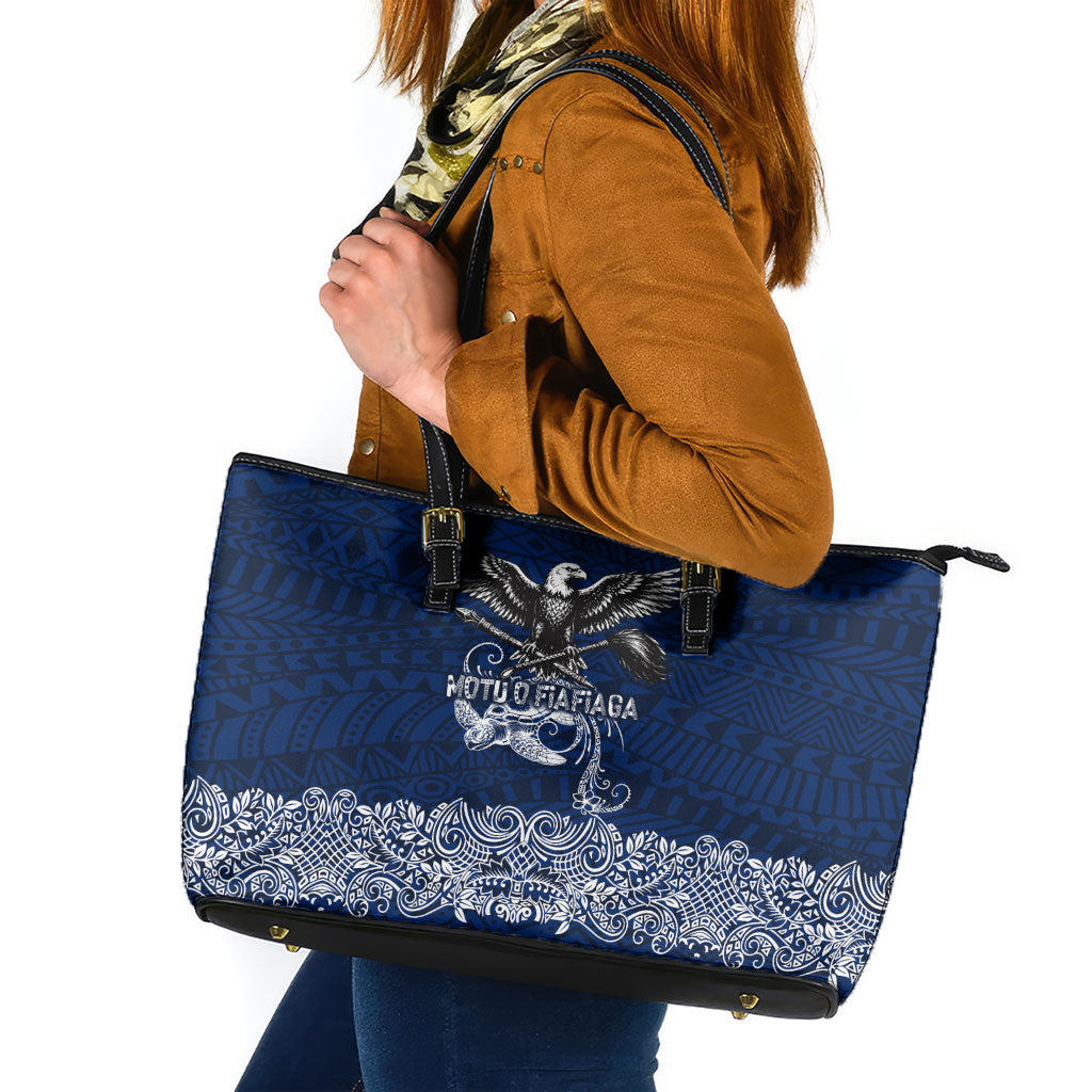American Samoa Eagle Leather Tote Bag Sea Turtle Traditional Polynesian Tribal Tattoo TS04 Blue White - Polynesian Pride