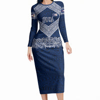 American Samoa Eagle Long Sleeve Bodycon Dress Sea Turtle Traditional Polynesian Tribal Tattoo TS04 Long Dress Blue White - Polynesian Pride