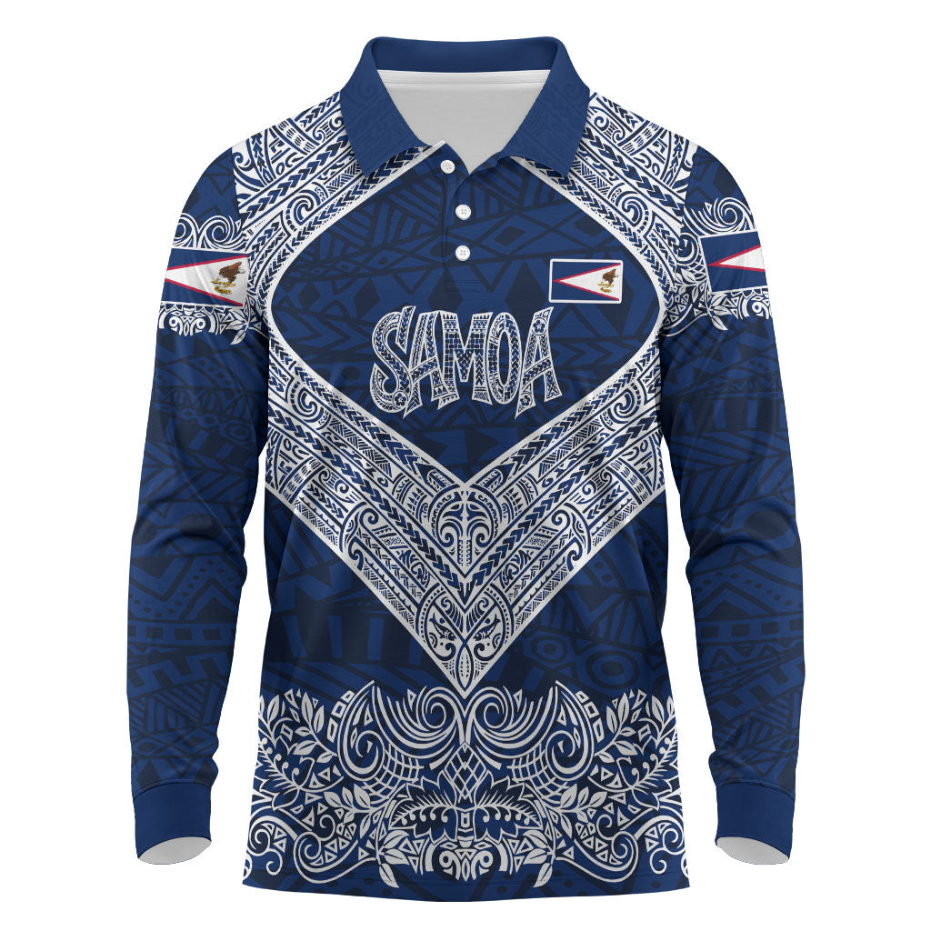 American Samoa Eagle Long Sleeve Polo Shirt Sea Turtle Traditional Polynesian Tribal Tattoo TS04 Blue White - Polynesian Pride