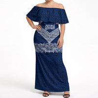 American Samoa Eagle Off Shoulder Maxi Dress Sea Turtle Traditional Polynesian Tribal Tattoo TS04 Women Blue White - Polynesian Pride