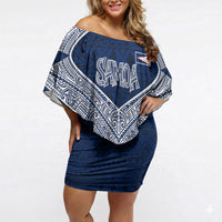American Samoa Eagle Off Shoulder Short Dress Sea Turtle Traditional Polynesian Tribal Tattoo TS04 Women Blue White - Polynesian Pride