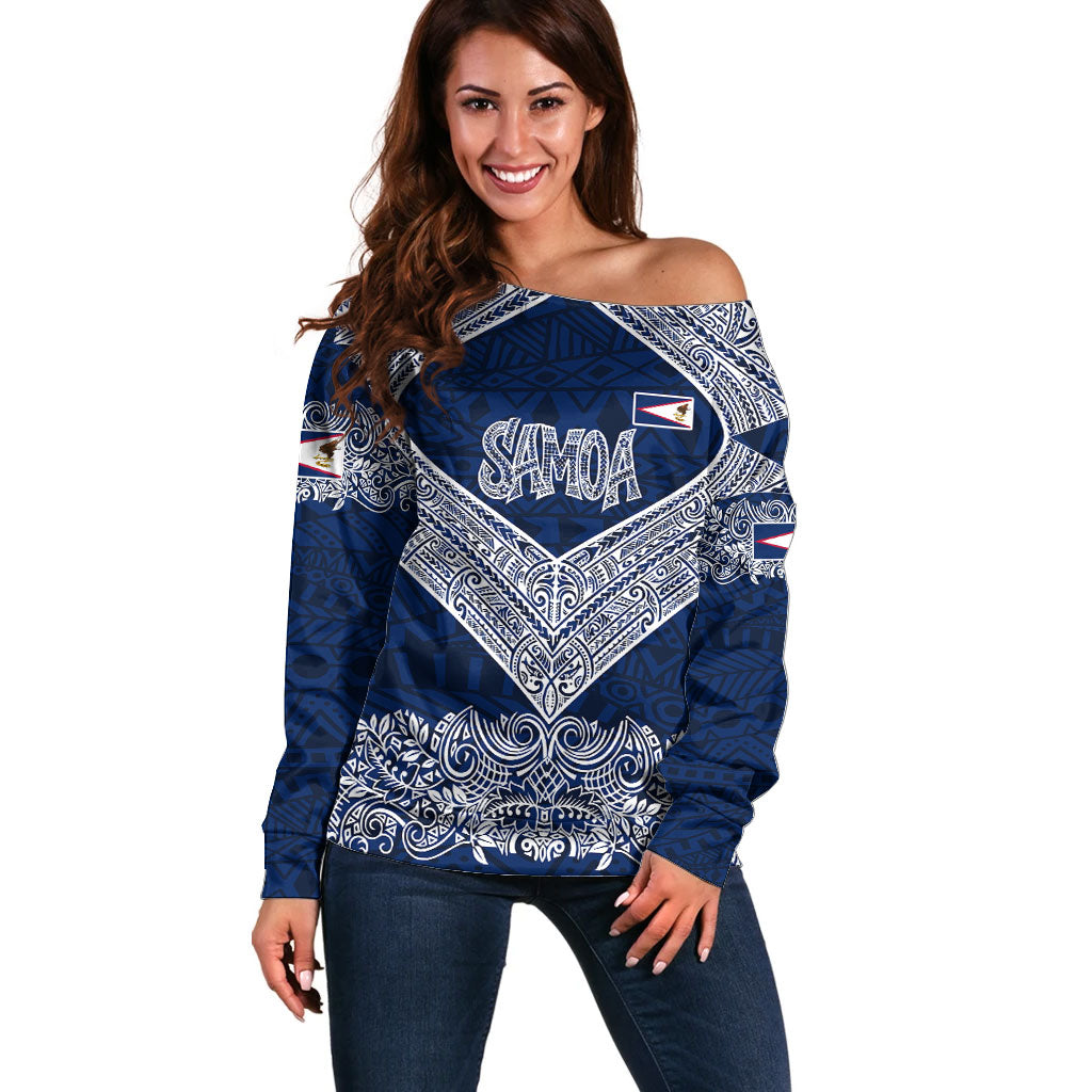 American Samoa Eagle Off Shoulder Sweater Sea Turtle Traditional Polynesian Tribal Tattoo TS04 Women Blue White - Polynesian Pride