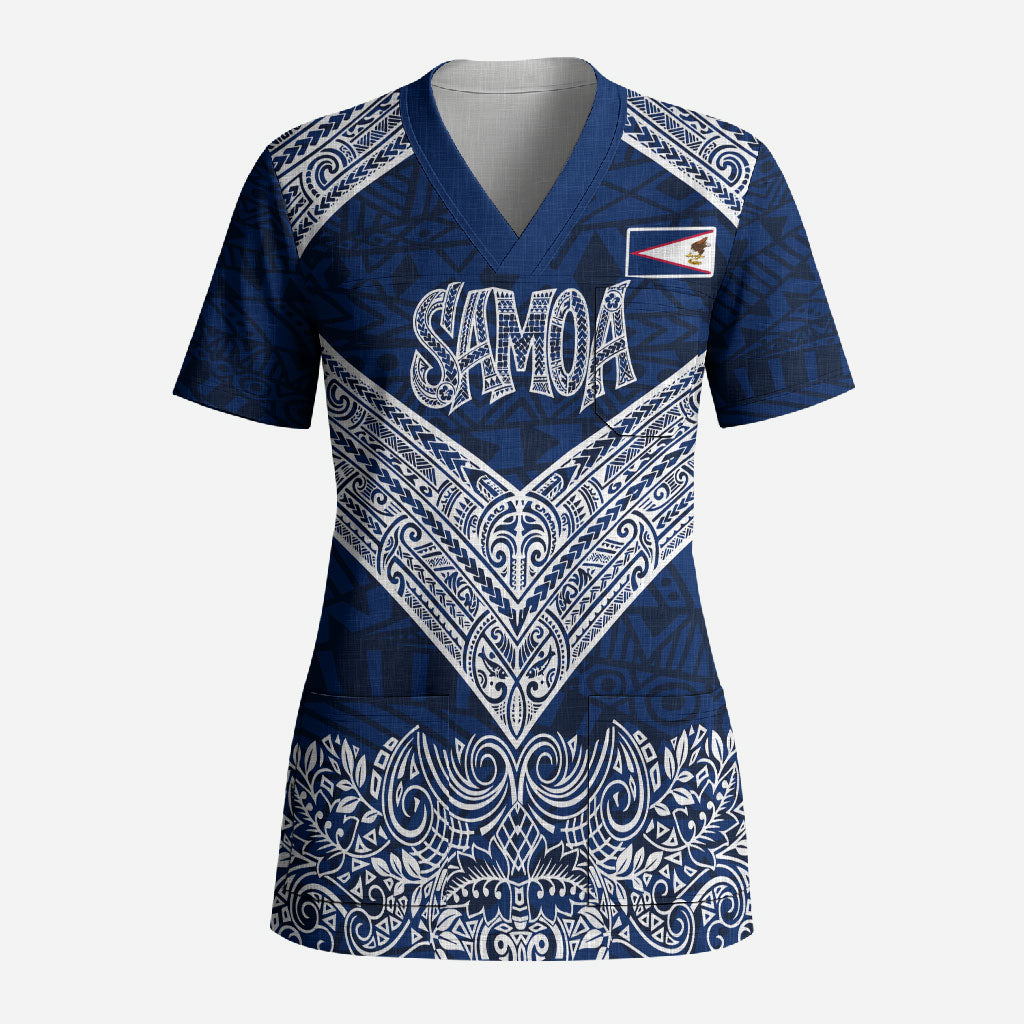 American Samoa Eagle Scrub Top Sea Turtle Traditional Polynesian Tribal Tattoo TS04 Adult Blue White - Polynesian Pride