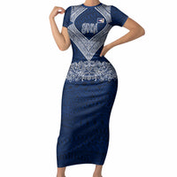 American Samoa Eagle Short Sleeve Bodycon Dress Sea Turtle Traditional Polynesian Tribal Tattoo TS04 Long Dress Blue White - Polynesian Pride
