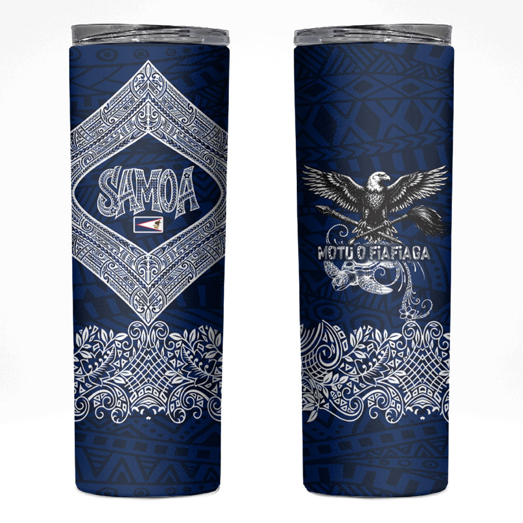 American Samoa Eagle Skinny Tumbler Sea Turtle Traditional Polynesian Tribal Tattoo TS04 Blue White - Polynesian Pride