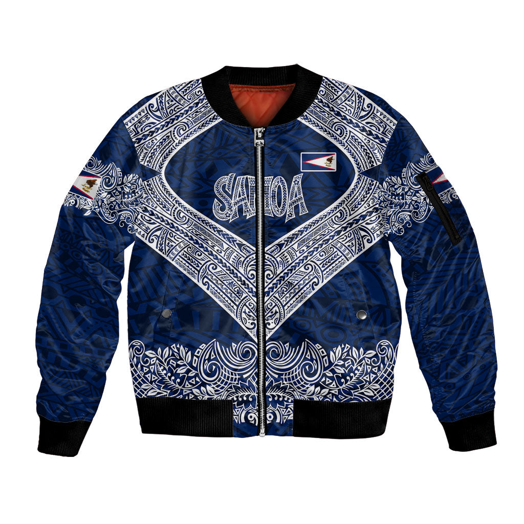 American Samoa Eagle Sleeve Zip Bomber Jacket Sea Turtle Traditional Polynesian Tribal Tattoo TS04 Unisex Blue White - Polynesian Pride