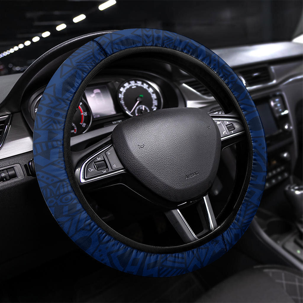 American Samoa Eagle Steering Wheel Cover Sea Turtle Traditional Polynesian Tribal Tattoo TS04 Universal Fit Blue White - Polynesian Pride