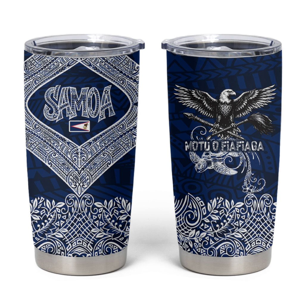 American Samoa Eagle Tumbler Cup Sea Turtle Traditional Polynesian Tribal Tattoo TS04 Blue White - Polynesian Pride