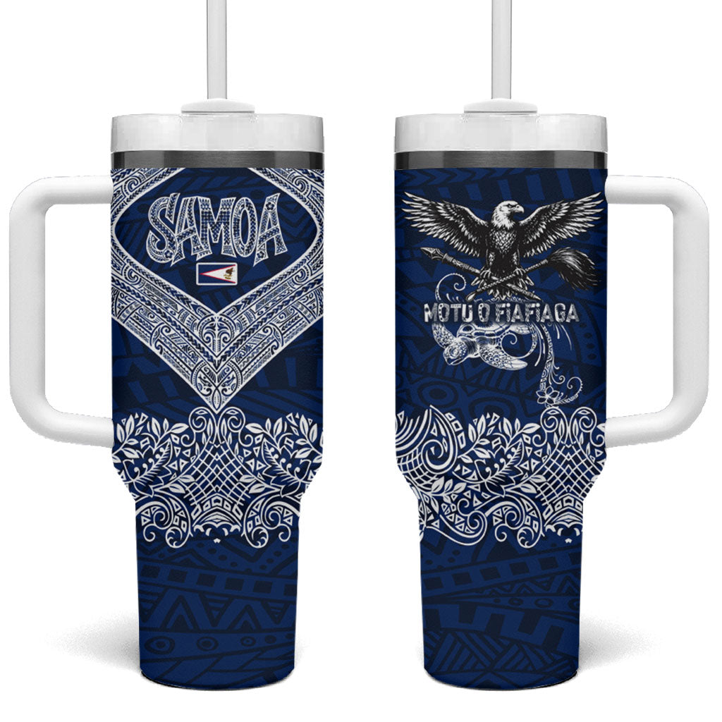 American Samoa Eagle Tumbler With Handle Sea Turtle Traditional Polynesian Tribal Tattoo TS04 One Size: 40 oz Blue White - Polynesian Pride