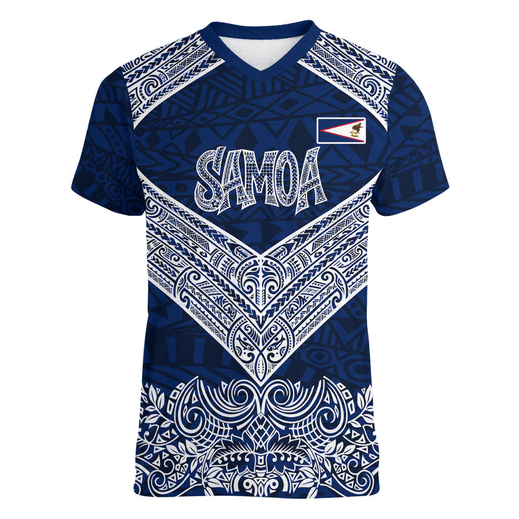American Samoa Eagle Women V-Neck T-Shirt Sea Turtle Traditional Polynesian Tribal Tattoo TS04 Female Blue White - Polynesian Pride