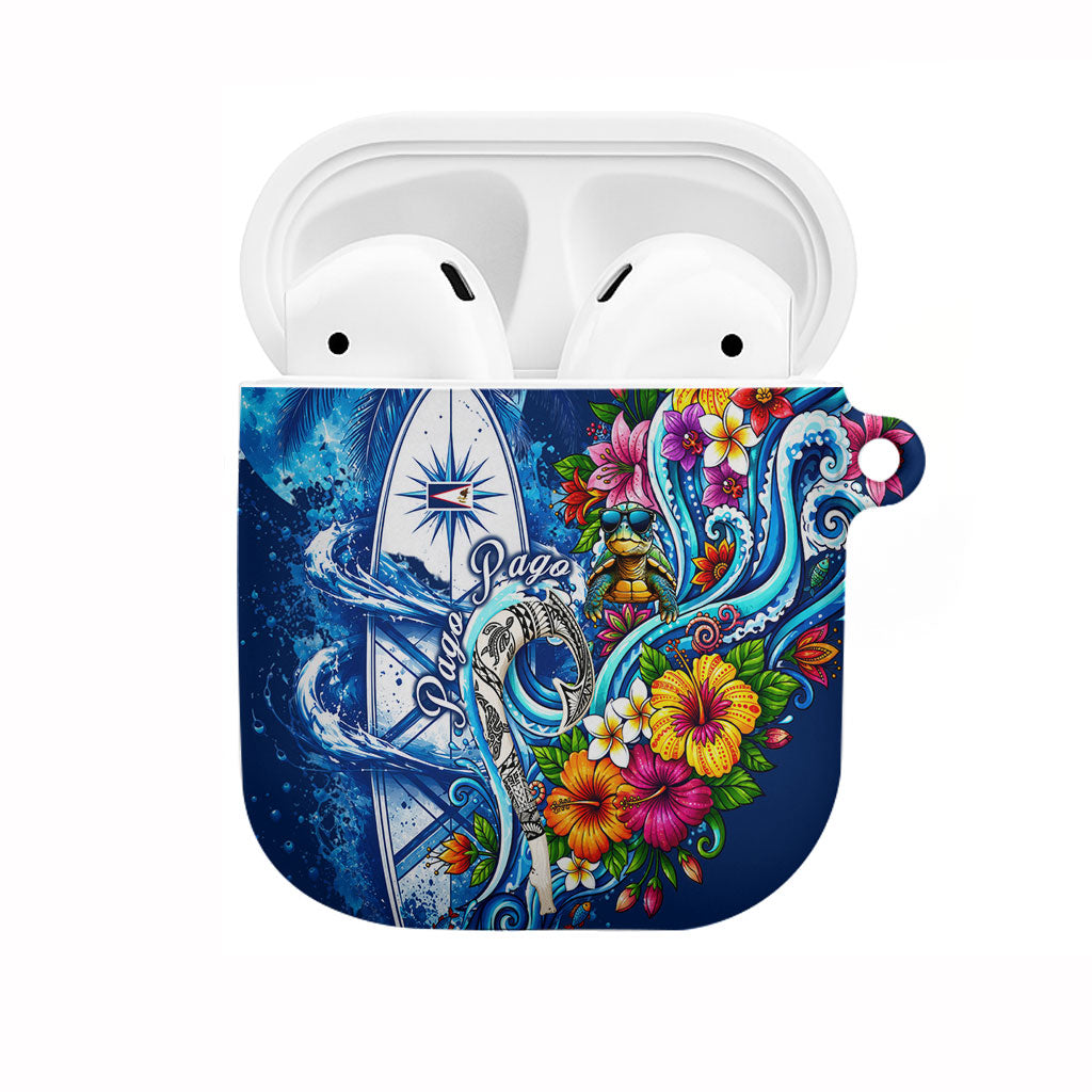 American Samoa Pago Pago AirPods Case Sea Turtle And Fruit Bat - Tropical Hibiscus Flowers Polynesian TS04 Blue White - Polynesian Pride