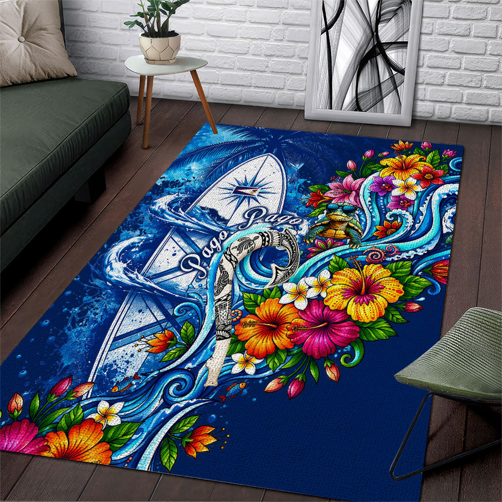 American Samoa Pago Pago Area Rug Sea Turtle And Fruit Bat - Tropical Hibiscus Flowers Polynesian TS04 Blue White - Polynesian Pride