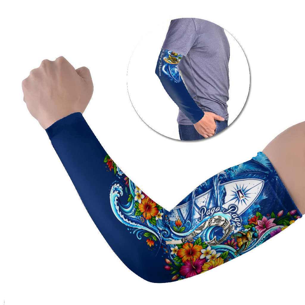 American Samoa Pago Pago Arm Sleeves Sea Turtle And Fruit Bat - Tropical Hibiscus Flowers Polynesian TS04 Set of 2 Blue White - Polynesian Pride