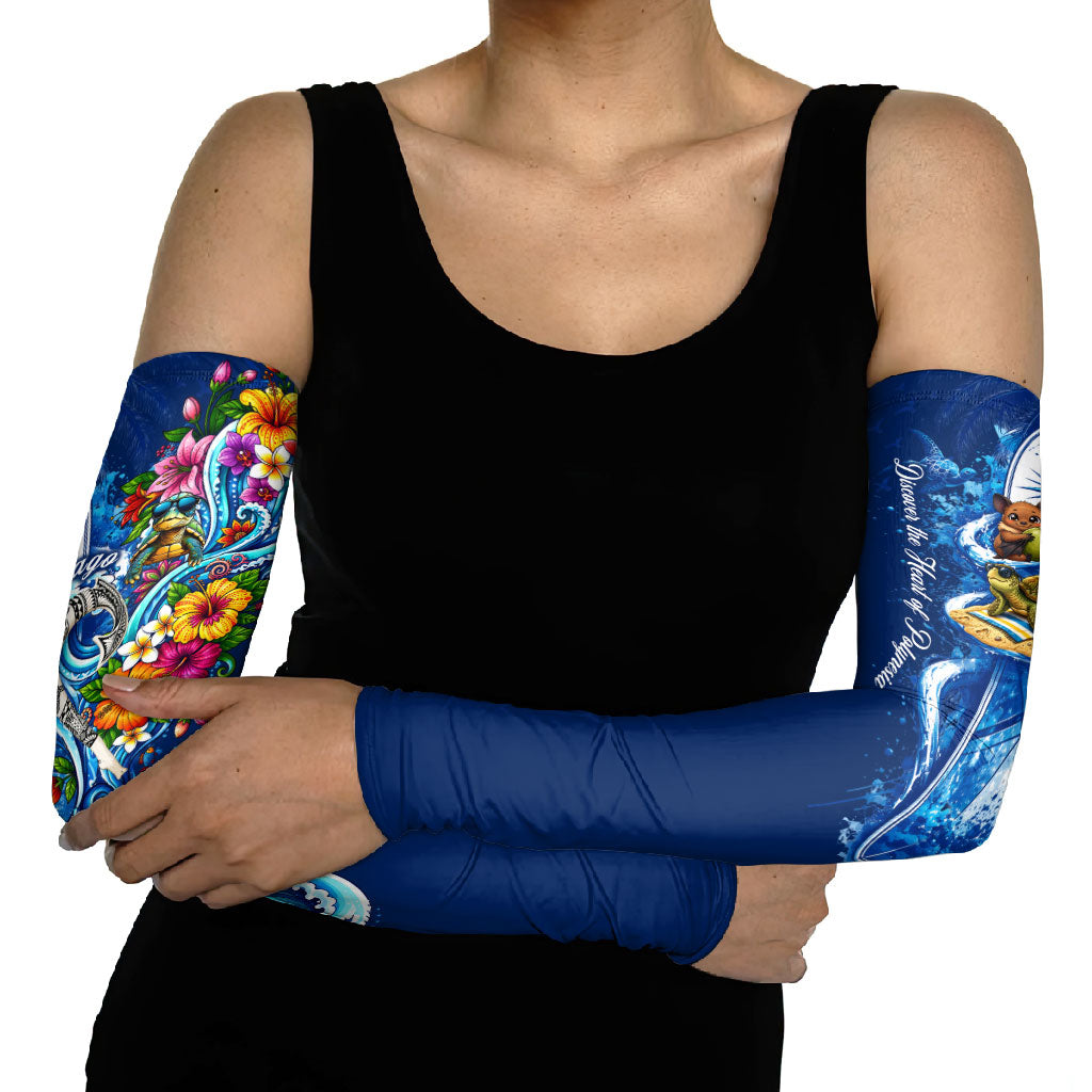American Samoa Pago Pago Arm Sleeves Sea Turtle And Fruit Bat - Tropical Hibiscus Flowers Polynesian TS04 - Polynesian Pride