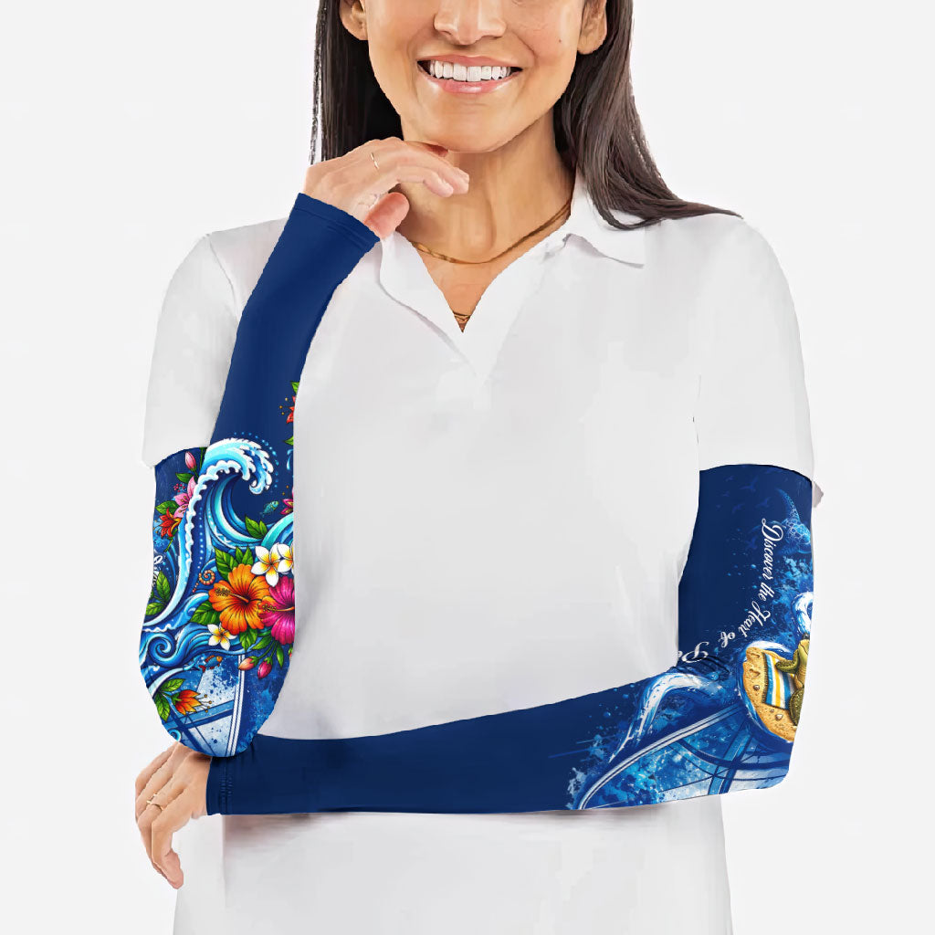 American Samoa Pago Pago Arm Sleeves Sea Turtle And Fruit Bat - Tropical Hibiscus Flowers Polynesian TS04 - Polynesian Pride