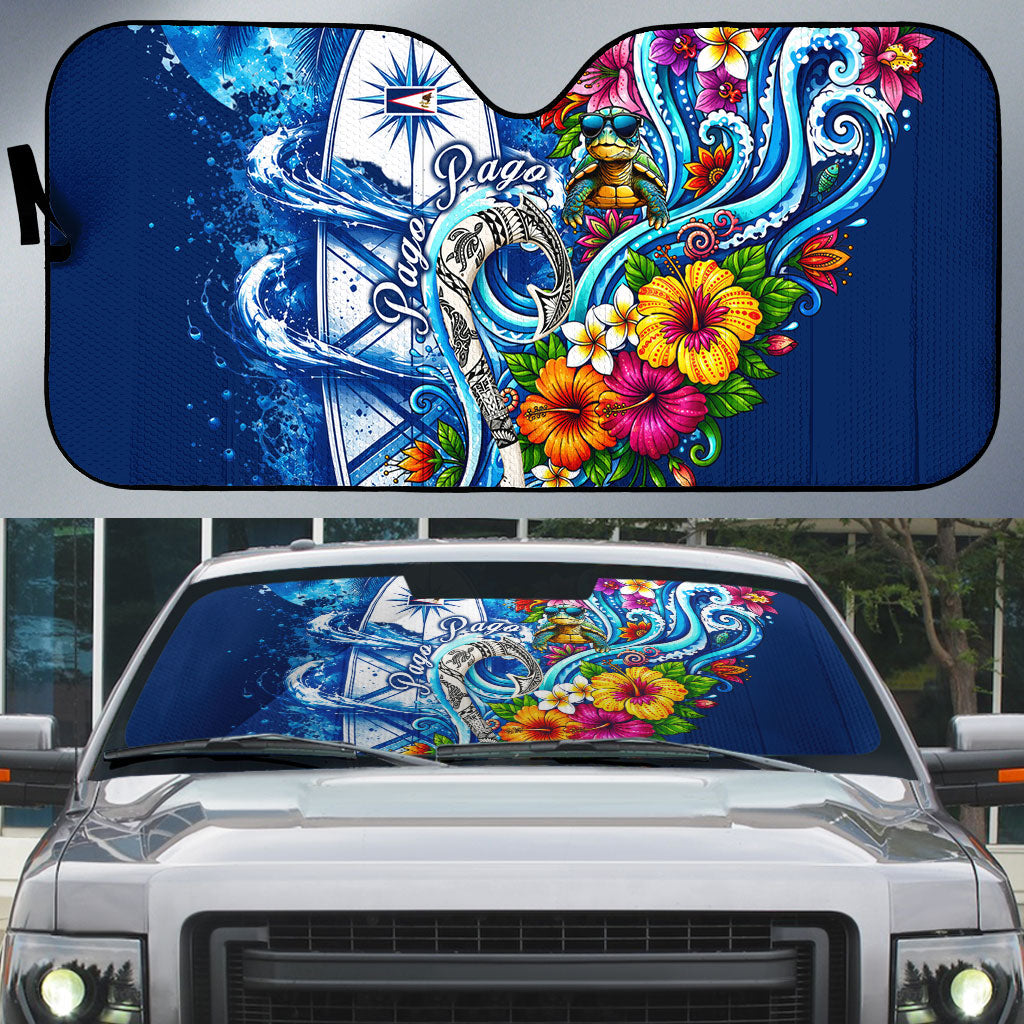 American Samoa Pago Pago Auto Sun Shade Sea Turtle And Fruit Bat - Tropical Hibiscus Flowers Polynesian TS04 Blue White - Polynesian Pride