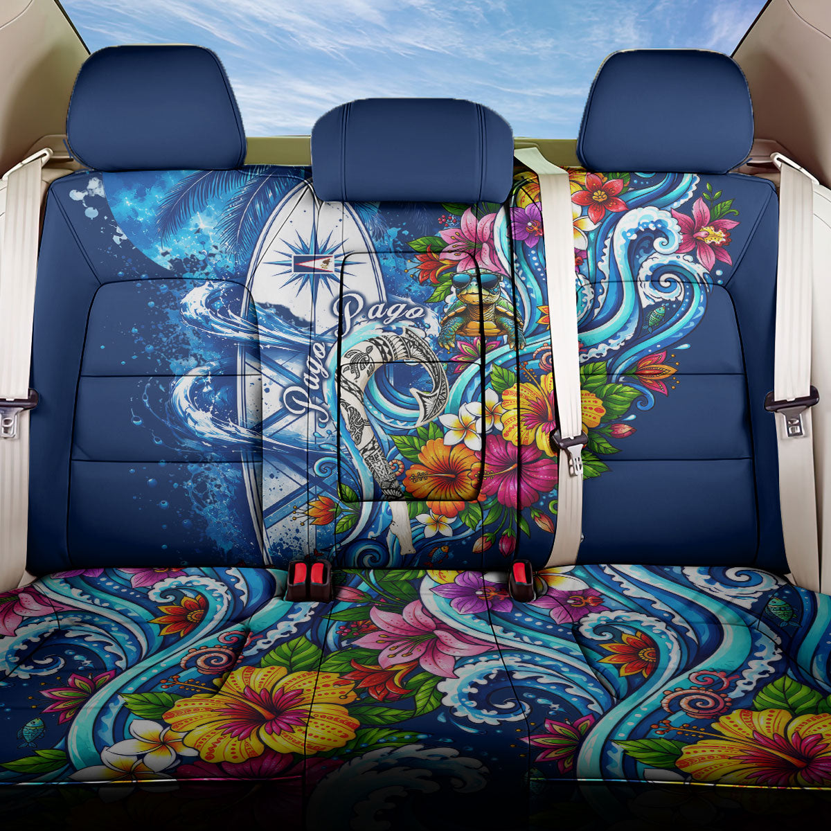 American Samoa Pago Pago Back Car Seat Cover Sea Turtle And Fruit Bat - Tropical Hibiscus Flowers Polynesian TS04 One Size Blue White - Polynesian Pride