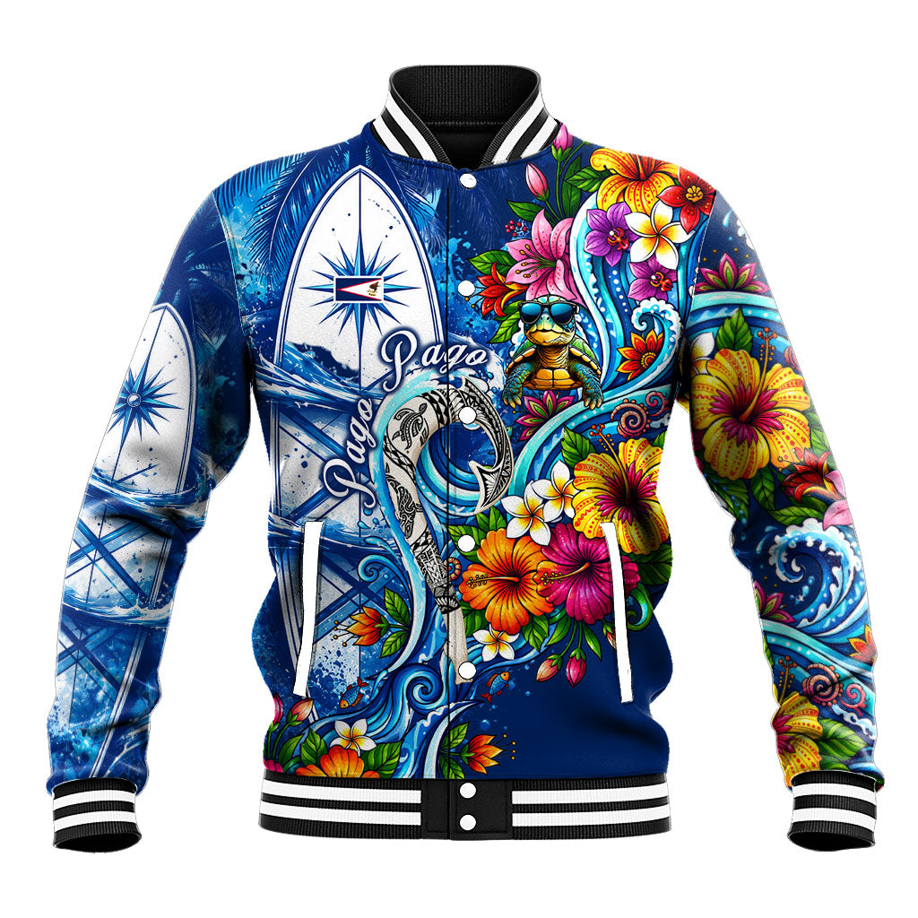 American Samoa Pago Pago Baseball Jacket Sea Turtle And Fruit Bat - Tropical Hibiscus Flowers Polynesian TS04 Unisex Blue White - Polynesian Pride