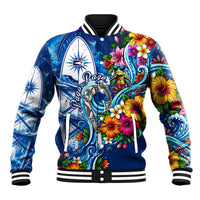 American Samoa Pago Pago Baseball Jacket Sea Turtle And Fruit Bat - Tropical Hibiscus Flowers Polynesian TS04 Unisex Blue White - Polynesian Pride