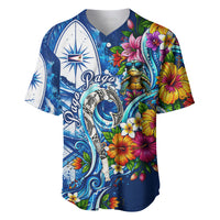 American Samoa Pago Pago Baseball Jersey Sea Turtle And Fruit Bat - Tropical Hibiscus Flowers Polynesian TS04 Blue White - Polynesian Pride
