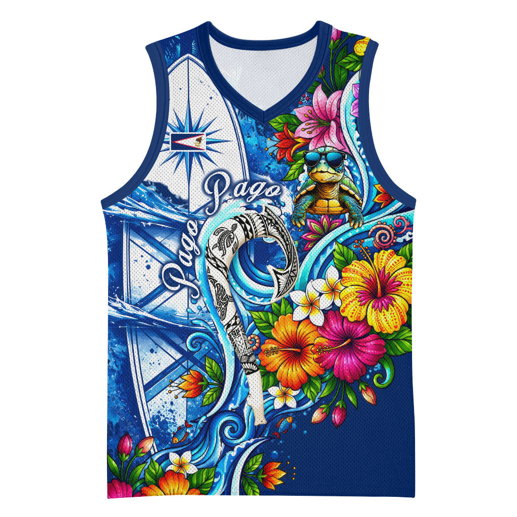 American Samoa Pago Pago Basketball Jersey Sea Turtle And Fruit Bat - Tropical Hibiscus Flowers Polynesian TS04 Unisex Blue White - Polynesian Pride