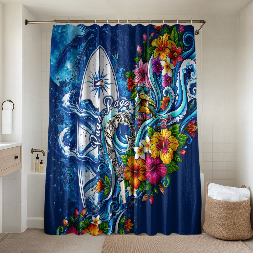 American Samoa Pago Pago Bathroom Set Sea Turtle And Fruit Bat - Tropical Hibiscus Flowers Polynesian TS04 Shower Curtain Only Blue White - Polynesian Pride