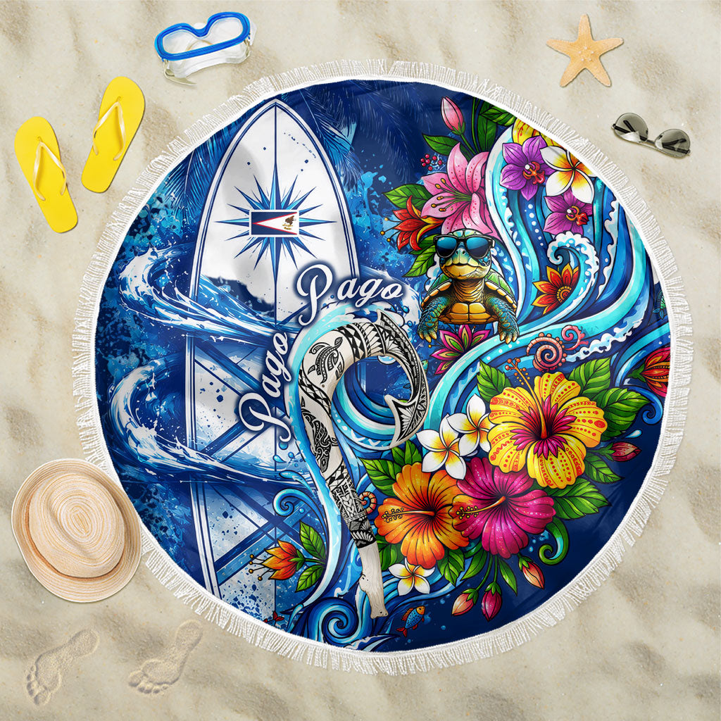 American Samoa Pago Pago Beach Blanket Sea Turtle And Fruit Bat - Tropical Hibiscus Flowers Polynesian TS04 One Size 150cm Blue White - Polynesian Pride
