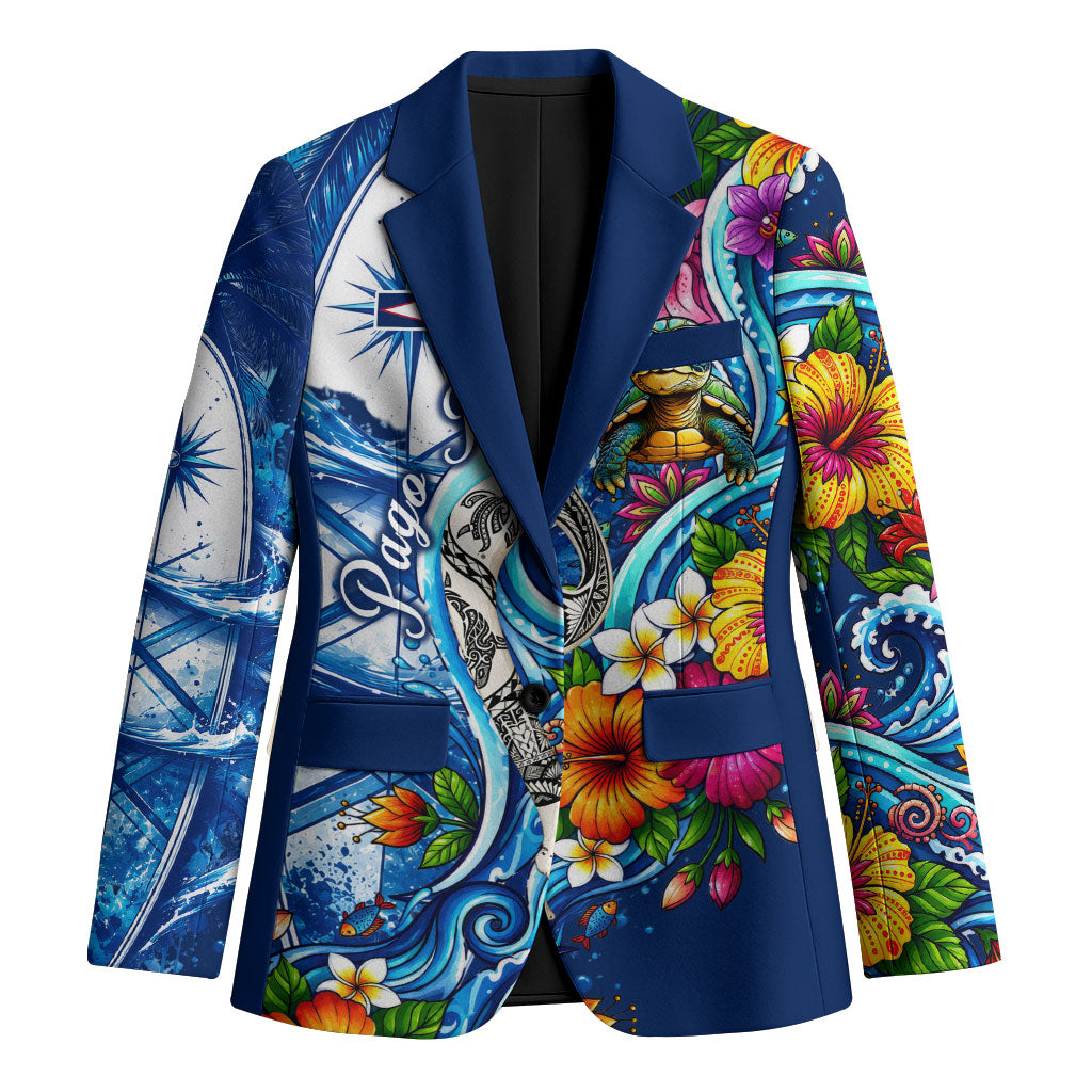 American Samoa Pago Pago Blazer Sea Turtle And Fruit Bat - Tropical Hibiscus Flowers Polynesian TS04 Unisex Blue White - Polynesian Pride