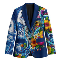 American Samoa Pago Pago Blazer Sea Turtle And Fruit Bat - Tropical Hibiscus Flowers Polynesian TS04 Unisex Blue White - Polynesian Pride
