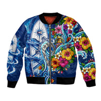 American Samoa Pago Pago Bomber Jacket Sea Turtle And Fruit Bat - Tropical Hibiscus Flowers Polynesian TS04 Unisex Blue White - Polynesian Pride