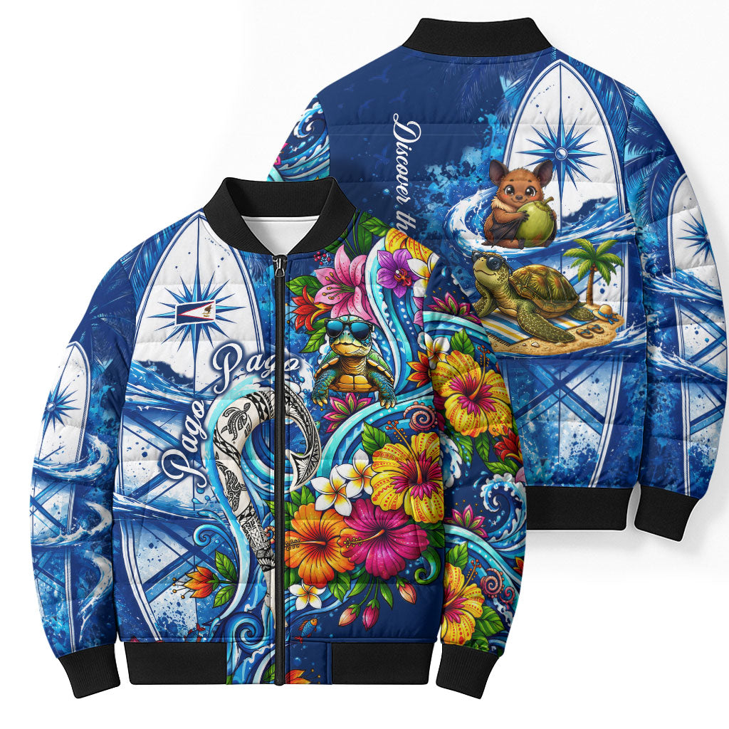 American Samoa Pago Pago Bomber Puffer Jacket Sea Turtle And Fruit Bat - Tropical Hibiscus Flowers Polynesian TS04 - Polynesian Pride