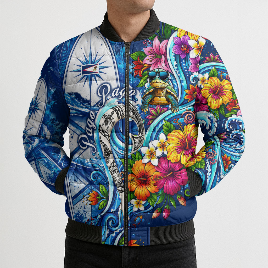 American Samoa Pago Pago Bomber Puffer Jacket Sea Turtle And Fruit Bat - Tropical Hibiscus Flowers Polynesian TS04 - Polynesian Pride