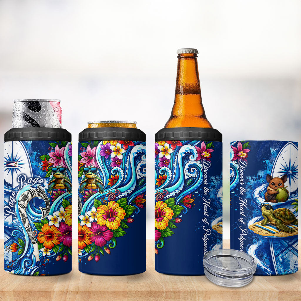 American Samoa Pago Pago 4 in 1 Can Cooler Tumbler Sea Turtle And Fruit Bat - Tropical Hibiscus Flowers Polynesian TS04 - Polynesian Pride