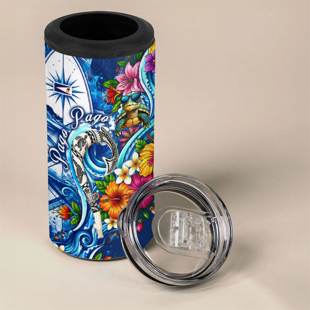 American Samoa Pago Pago 4 in 1 Can Cooler Tumbler Sea Turtle And Fruit Bat - Tropical Hibiscus Flowers Polynesian TS04 - Polynesian Pride