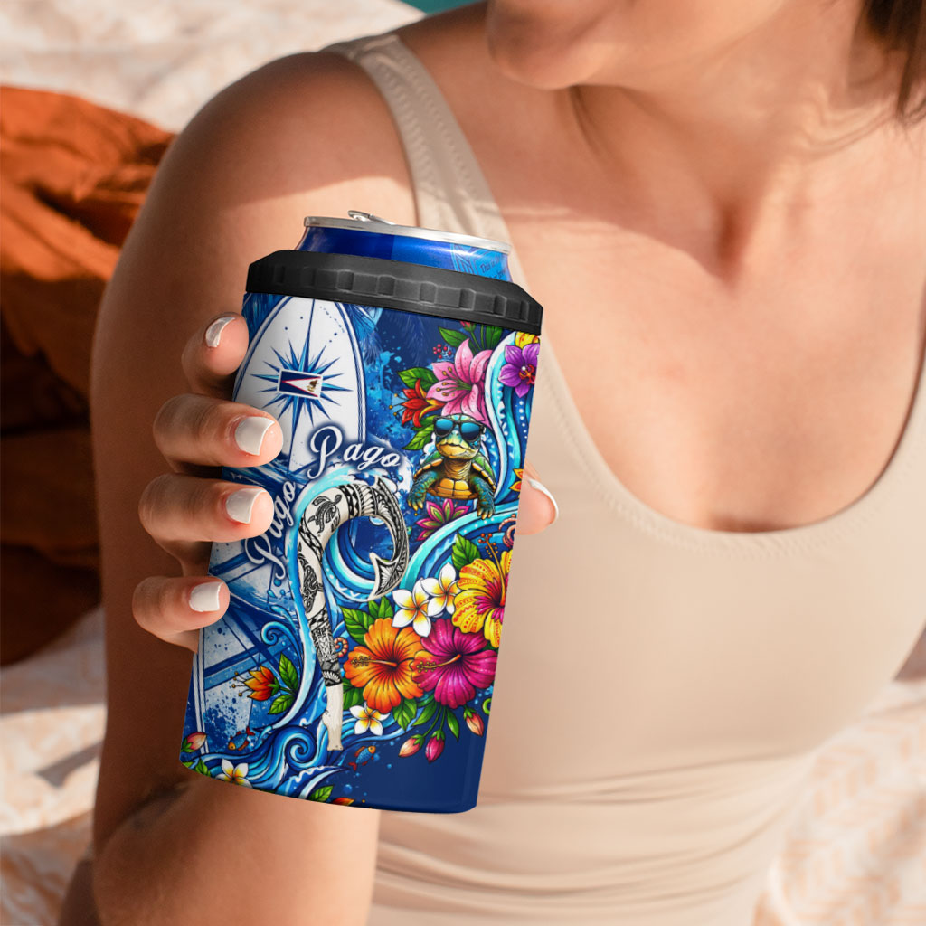 American Samoa Pago Pago 4 in 1 Can Cooler Tumbler Sea Turtle And Fruit Bat - Tropical Hibiscus Flowers Polynesian TS04 - Polynesian Pride