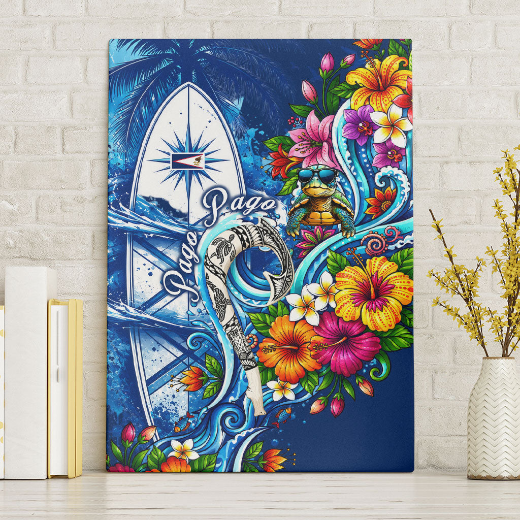 American Samoa Pago Pago Canvas Wall Art Sea Turtle And Fruit Bat - Tropical Hibiscus Flowers Polynesian TS04 Without Frame Blue White - Polynesian Pride