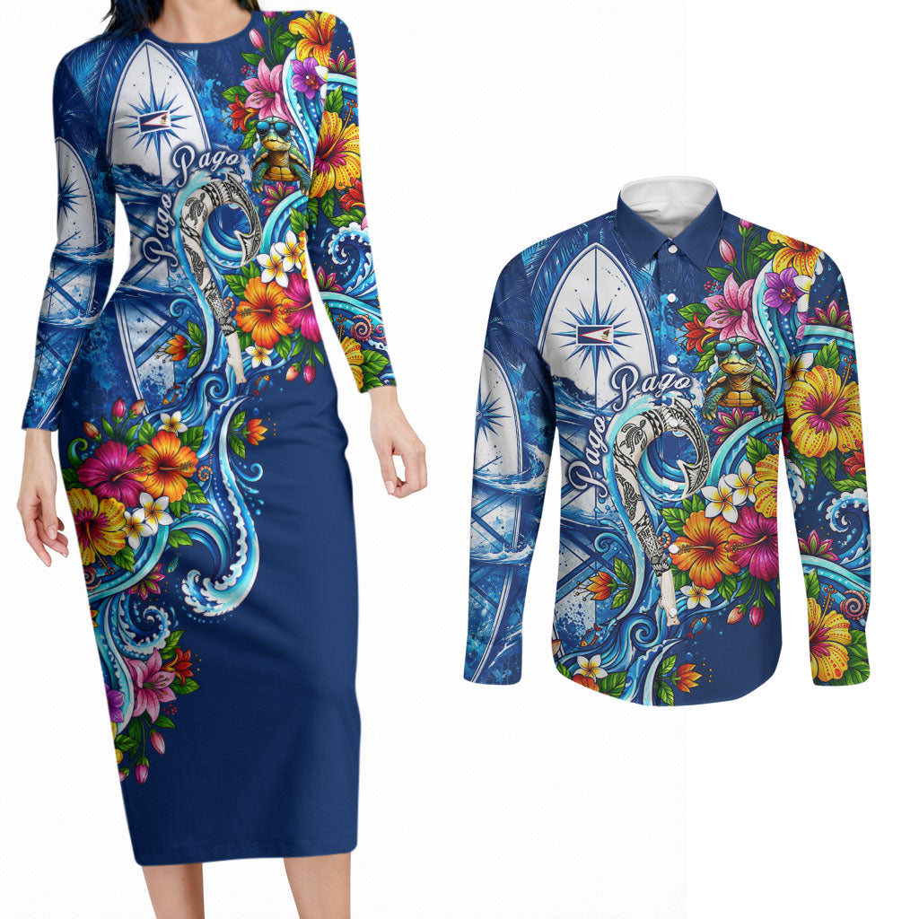 American Samoa Pago Pago Couples Matching Long Sleeve Bodycon Dress and Long Sleeve Button Shirt Sea Turtle And Fruit Bat - Tropical Hibiscus Flowers Polynesian TS04 Blue White - Polynesian Pride