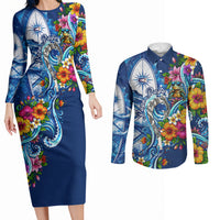 American Samoa Pago Pago Couples Matching Long Sleeve Bodycon Dress and Long Sleeve Button Shirt Sea Turtle And Fruit Bat - Tropical Hibiscus Flowers Polynesian TS04 Blue White - Polynesian Pride