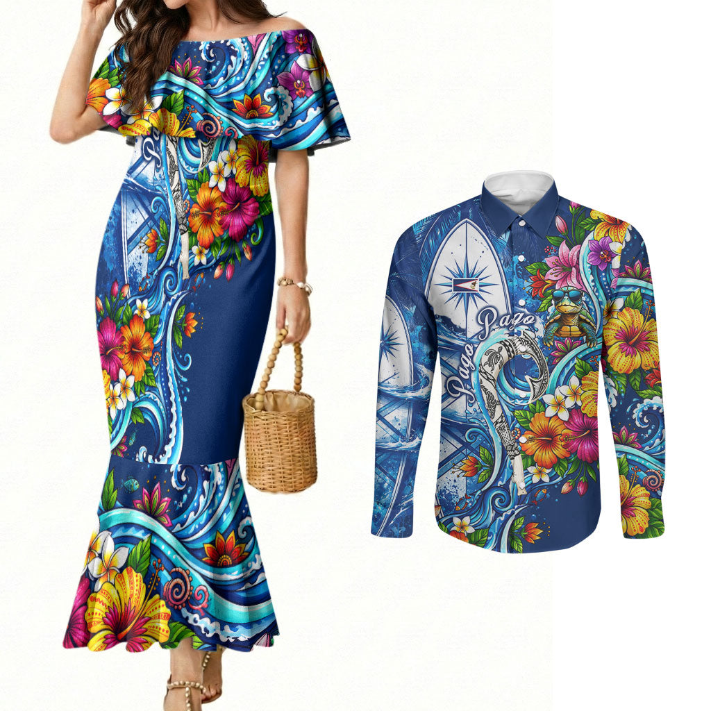 American Samoa Pago Pago Couples Matching Mermaid Dress and Long Sleeve Button Shirt Sea Turtle And Fruit Bat - Tropical Hibiscus Flowers Polynesian TS04 Blue White - Polynesian Pride