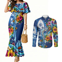 American Samoa Pago Pago Couples Matching Mermaid Dress and Long Sleeve Button Shirt Sea Turtle And Fruit Bat - Tropical Hibiscus Flowers Polynesian TS04 Blue White - Polynesian Pride