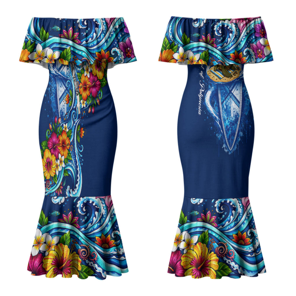 American Samoa Pago Pago Couples Matching Mermaid Dress and Long Sleeve Button Shirt Sea Turtle And Fruit Bat - Tropical Hibiscus Flowers Polynesian TS04 - Polynesian Pride