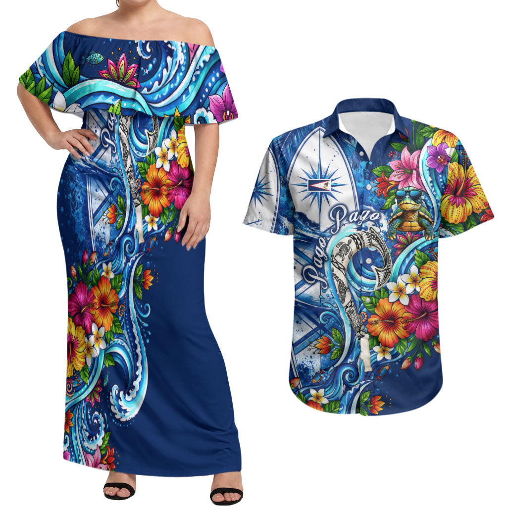 American Samoa Pago Pago Couples Matching Off Shoulder Maxi Dress and Hawaiian Shirt Sea Turtle And Fruit Bat - Tropical Hibiscus Flowers Polynesian TS04 Blue White - Polynesian Pride