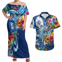 American Samoa Pago Pago Couples Matching Off Shoulder Maxi Dress and Hawaiian Shirt Sea Turtle And Fruit Bat - Tropical Hibiscus Flowers Polynesian TS04 Blue White - Polynesian Pride