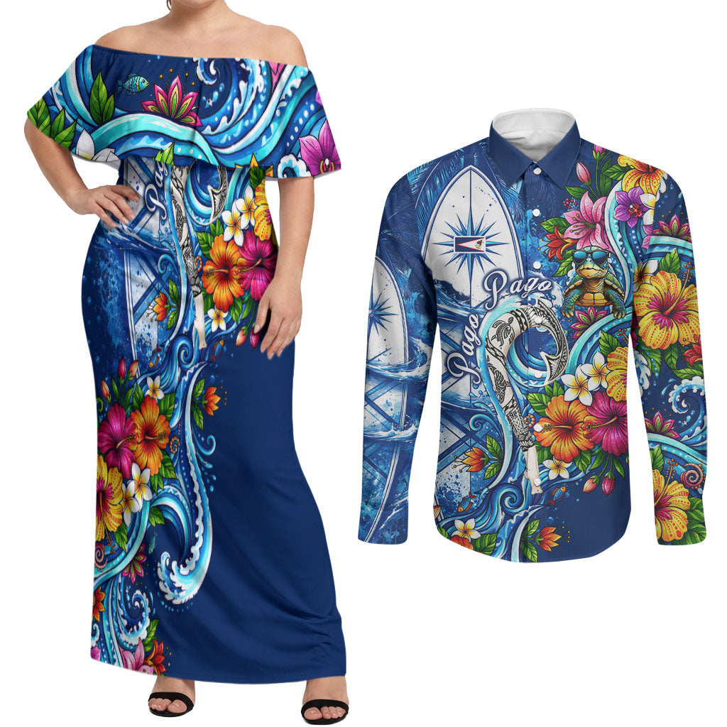 American Samoa Pago Pago Couples Matching Off Shoulder Maxi Dress and Long Sleeve Button Shirt Sea Turtle And Fruit Bat - Tropical Hibiscus Flowers Polynesian TS04 Blue White - Polynesian Pride