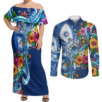 American Samoa Pago Pago Couples Matching Off Shoulder Maxi Dress and Long Sleeve Button Shirt Sea Turtle And Fruit Bat - Tropical Hibiscus Flowers Polynesian TS04 Blue White - Polynesian Pride