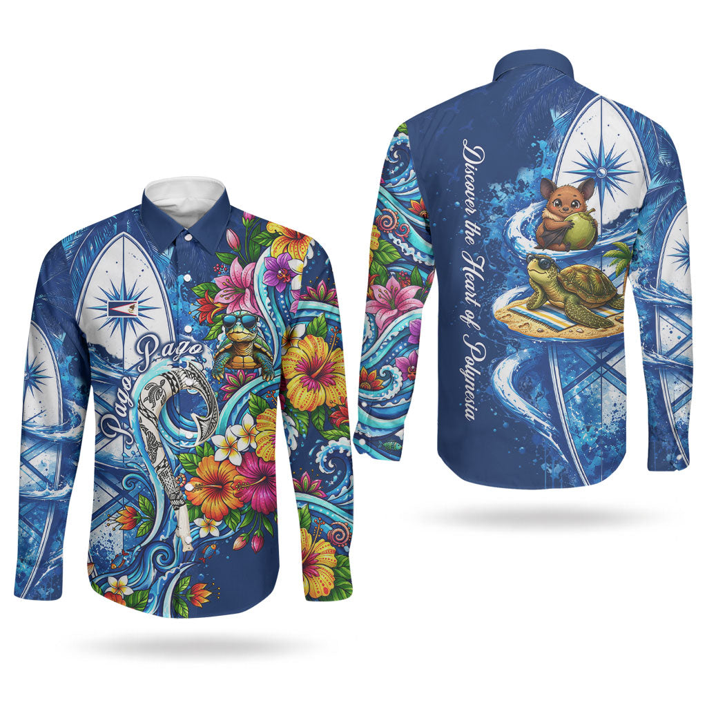 American Samoa Pago Pago Couples Matching Off Shoulder Maxi Dress and Long Sleeve Button Shirt Sea Turtle And Fruit Bat - Tropical Hibiscus Flowers Polynesian TS04 - Polynesian Pride