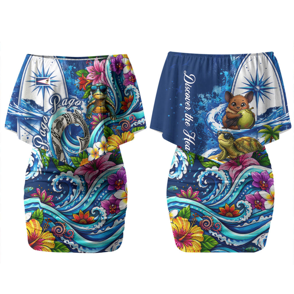 American Samoa Pago Pago Couples Matching Off Shoulder Short Dress and Hawaiian Shirt Sea Turtle And Fruit Bat - Tropical Hibiscus Flowers Polynesian TS04 - Polynesian Pride