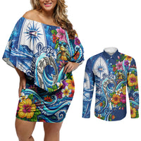 American Samoa Pago Pago Couples Matching Off Shoulder Short Dress and Long Sleeve Button Shirt Sea Turtle And Fruit Bat - Tropical Hibiscus Flowers Polynesian TS04 Blue White - Polynesian Pride