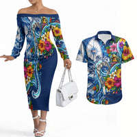American Samoa Pago Pago Couples Matching Off The Shoulder Long Sleeve Dress and Hawaiian Shirt Sea Turtle And Fruit Bat - Tropical Hibiscus Flowers Polynesian TS04 Blue White - Polynesian Pride